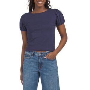 GOLDIE TEE Navy Jersey Short Sleeve Puff Top